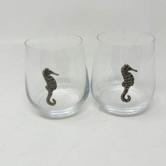 MENAGERIE Stemless Wine Cognac Glasses Set of 2 Pewter Seahorse Coastal Decor - Picture 1 of 5